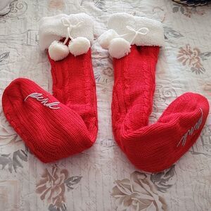 Victoria's Secret PINK  Sherpa Lined Cable Knit Slippers Lined Boties Red 855